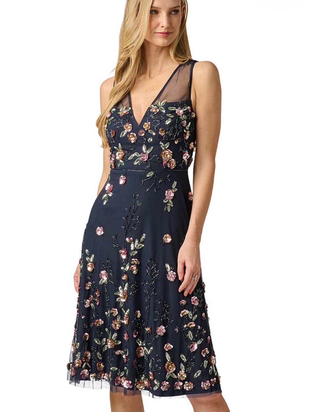 Adrianna Papell Navy Floral Embroidered V-Neck Midi Dress with Pink Accents